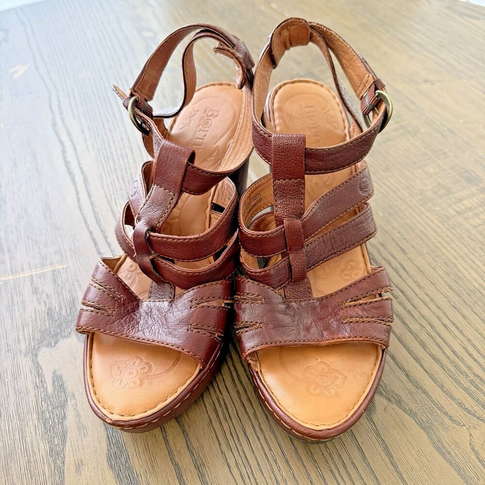 Born Hand Crafted Brown Leather Wedge Ankle Strap Sandal Size 10/42 Boho Chic - Picture 2 of 6